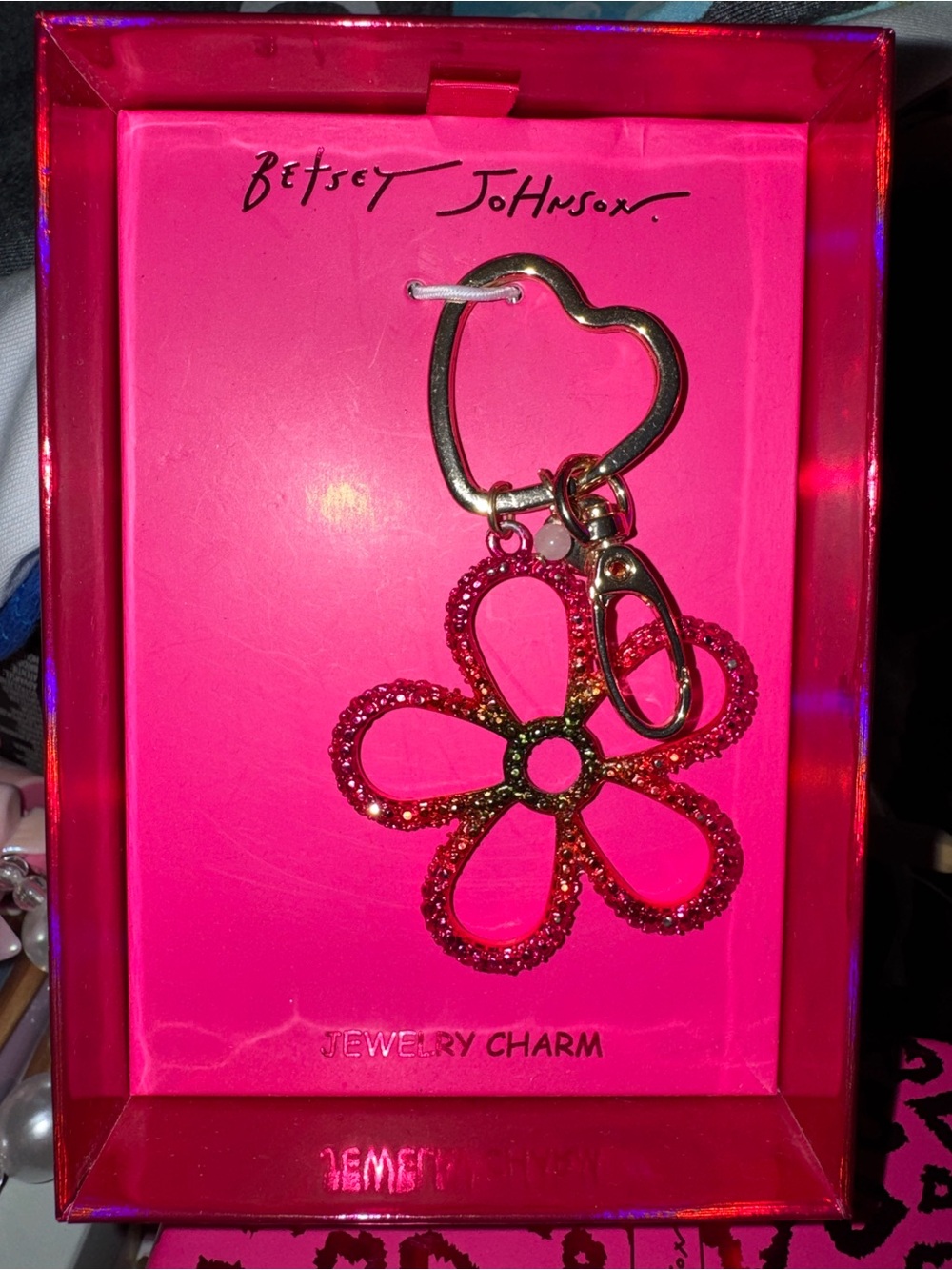Betsey Johnson Hot Pink Daisy Charm Keychain with Gold Accents